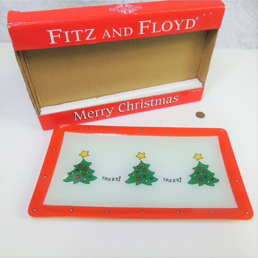 Fitz & Floyd Merry Christmas Tree Glass Tray 12.5" Holiday Serving Plate New Box